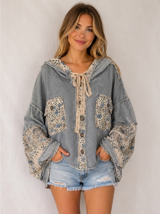 POL Tops - POL Boho Patchwork Oversized Lightweight Hooded Jacket in Denim and Floral.